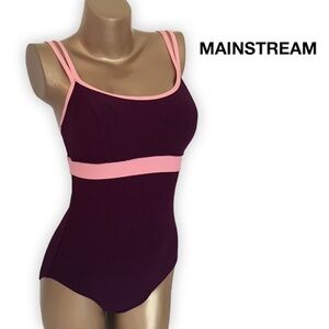 Vintage Mainstream one piece color block swimsuit bathing suit with tags NOS
